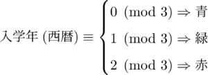 入学年と0が、3を法として合同であれば青、入学年と1が、3を法として合同であれば緑、入学年と2が、3を法として合同であれば赤。